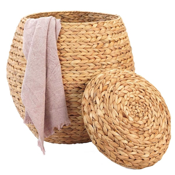 Vintiquewise Water Hyacinth Natural Multipurpose Barrel Storage Tub w/Lid, Basket for Organizing, Ottoman Stool QI004214 - main